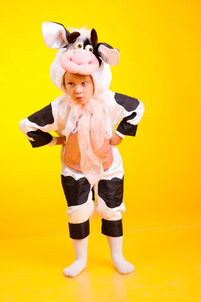 Little Girl Suit Cow Yellow Background — Stock Photo, Image