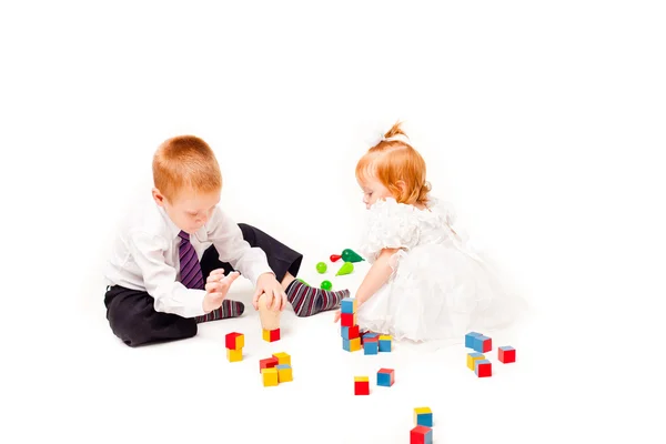 Een Paar Duif Spelen Met Blokken Een Witte Achtergrond — Stockfoto