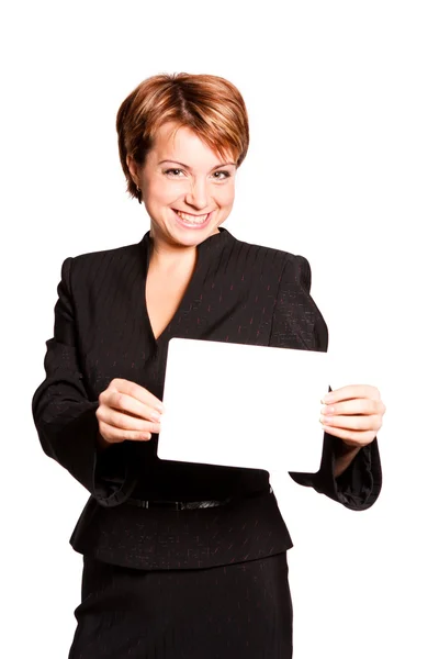 美丽事业女性用白色背景上的空卡 — 图库照片