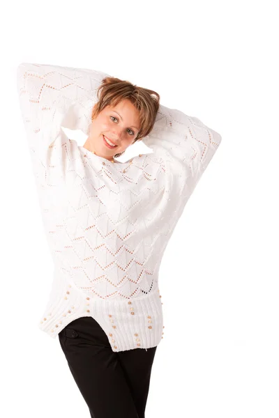 Krásná dívka v bílém pletený svetr — Stock fotografie