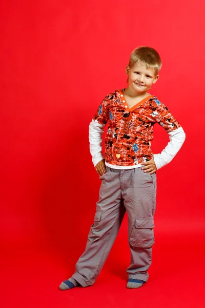 Merry Little Boy Red Background — Stock Photo, Image
