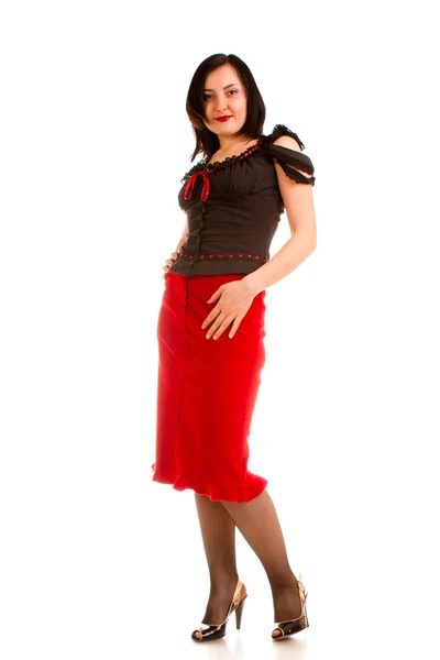 Молодая Очаровательная Женщина Красной Юбке Белом Фоне — стоковое фото
