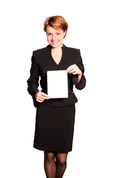 Mulher de negócios bonita com cartão vazio — Fotografia de Stock