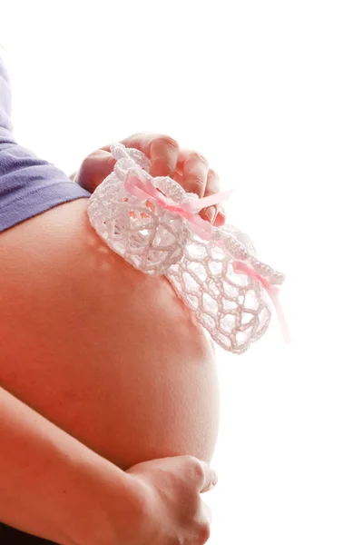 Mulher Grávida Segurando Par Bota Bebê — Fotografia de Stock