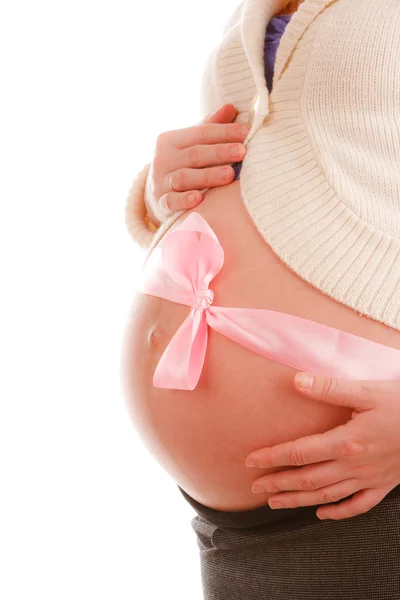 Primer Plano Del Vientre Mujer Embarazada Con Cinta Rosa — Foto de Stock