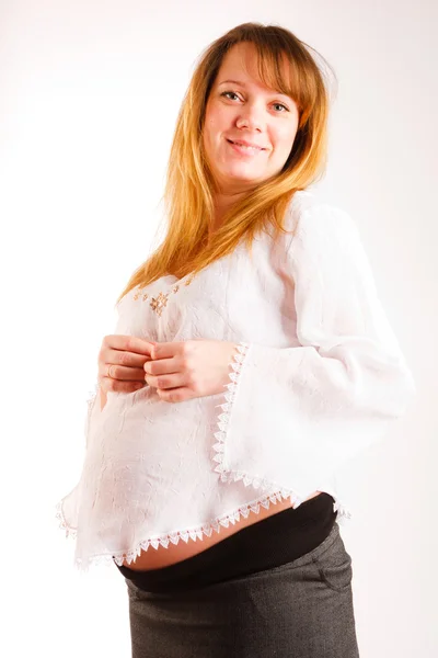 Schöne Schwangere Frau Bleibt Auf Weißem Hintergrund — Stockfoto