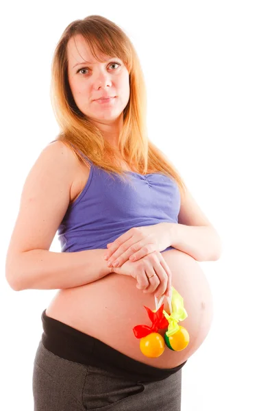 Mujer Embarazada Con Juguetes Suaves Las Manos — Foto de Stock