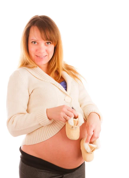 Těhotná Žena Drží Dvojice Dítěte Bootee — Stock fotografie