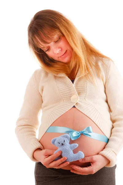 Beautiful Pregnant Woman Blue Ribbon Her Belly — Stock Photo, Image