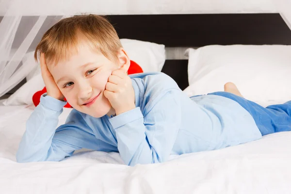 White Headed Glad Boy Lies Bed Comfortable Situation — Stock Photo, Image