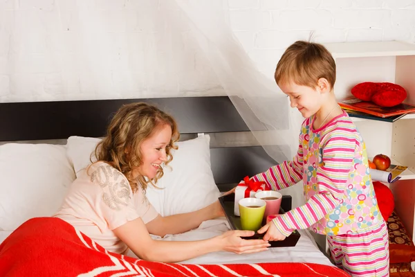 Careful Boy Brought Breakfast Mother Bed — Stock Photo, Image