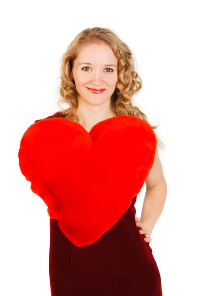 Jovem Encantadora Com Coração Vermelho Fundo Branco — Fotografia de Stock