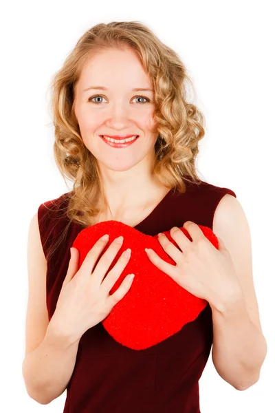 Γυναίκα με ένα κόκκινο καρδιά σε λευκό φόντο — Φωτογραφία Αρχείου