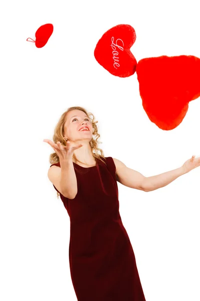 Charming Young Woman Red Heart White Background — Stock Photo, Image