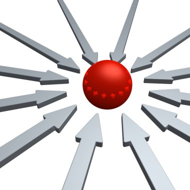 Arrows and red ball in the middle - 3d illustration clipart