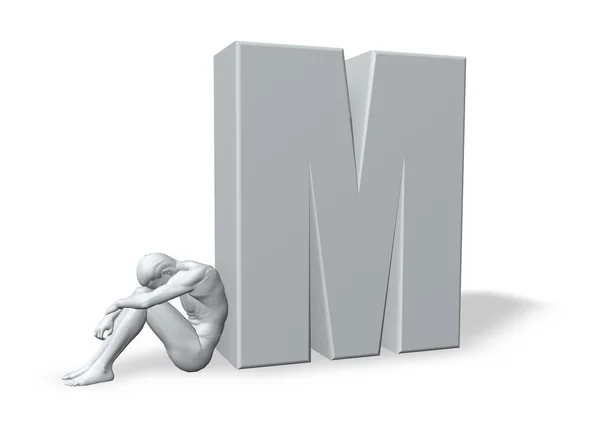 Sitting man leans on uppercase letter m — Stock Photo, Image