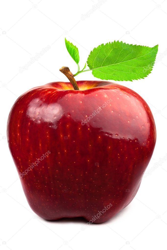 Dark-red apple with leaves