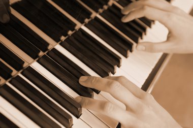 Hands above keys of the piano. Old color clipart