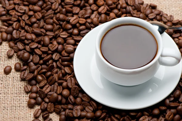 Cup of coffee on coffee grains — Stock Photo, Image