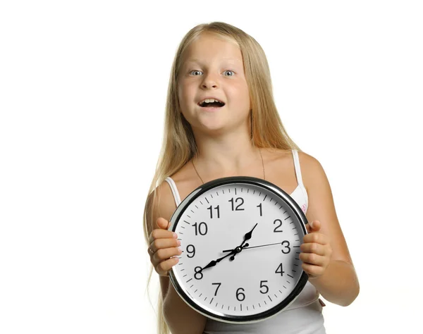 A menina com relógio grande — Fotografia de Stock