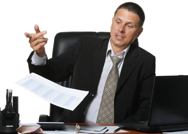 The businessman discontentedly throws the financial report — Stock Photo, Image