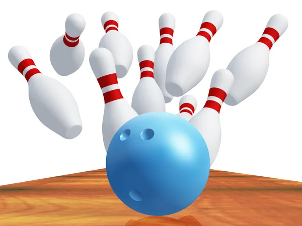 Skittles for game in bowling with blue ball — Stock Photo, Image