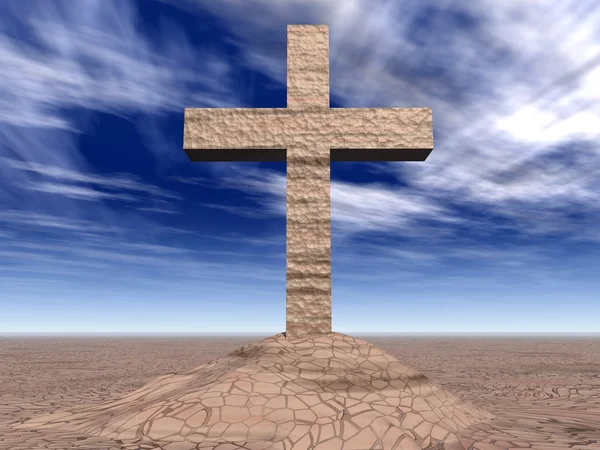 Kamenný kříž na popraskané zem — Stock fotografie