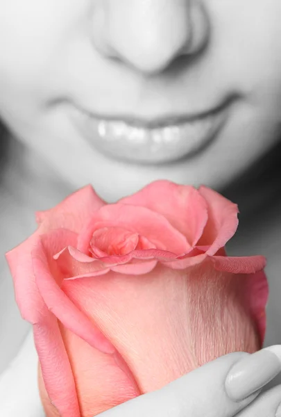 Женщина с розой крупным планом — стоковое фото