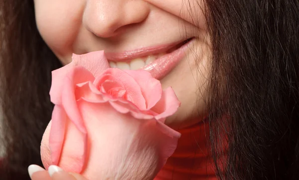 Mujer Con Una Rosa Foto Cierran Las Partes Persona Flor —  Fotos de Stock