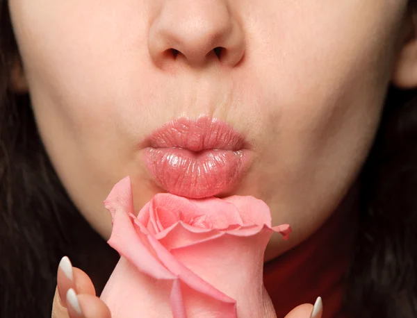 Mujer Con Una Rosa Foto Cierran Las Partes Persona Flor — Foto de Stock