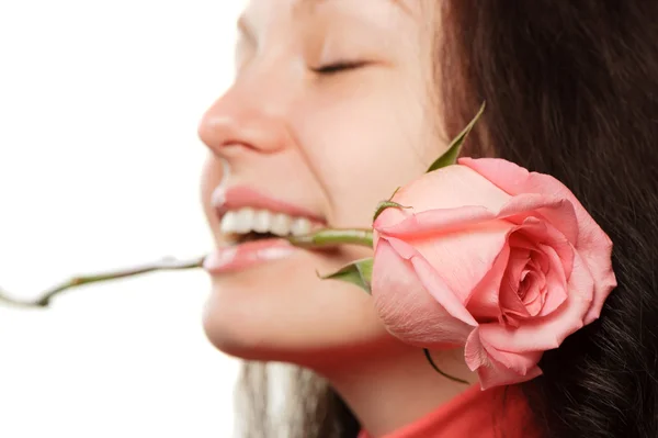 Woman Rose Closeup Isolated White — Stock Photo, Image