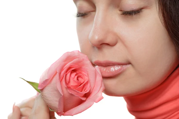 De vrouw met een roze close-up — Stockfoto