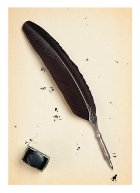 Feather quill and inkwell on an old paper clipart