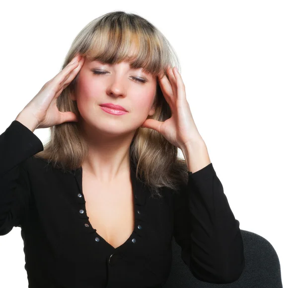 Bolest hlavy. obchodní žena na pracovišti unavený z práce — Stock fotografie