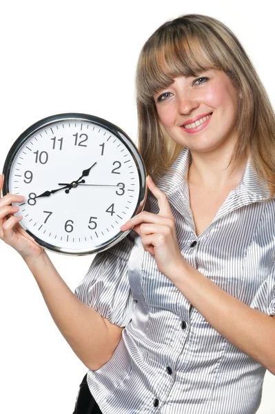 Az üzleti nő kezében óra — Stock Fotó
