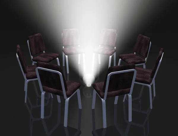 Крісла розміщені на колі і сфері з чарівним світлом — стокове фото