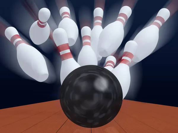 Kuželky pro hru v bowlingu s míčem — Stock fotografie