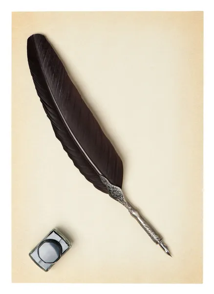 Penna toll és egy régi papír inkwell — Stock Fotó