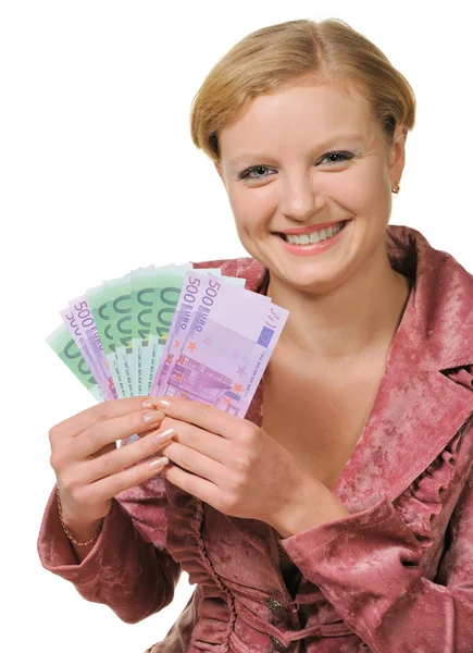 Молодая женщина держит европейскую валюту в руках — стоковое фото