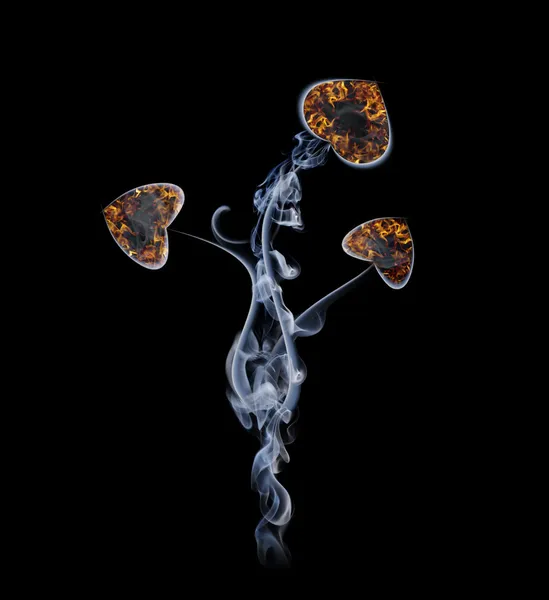 Flower in the form of hearts from a smoke and fire — Stock Photo, Image