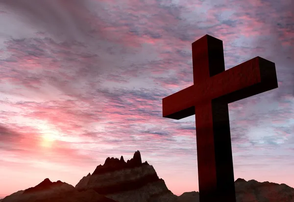 Красный каменный крест на фоне грозового неба и горы — стоковое фото