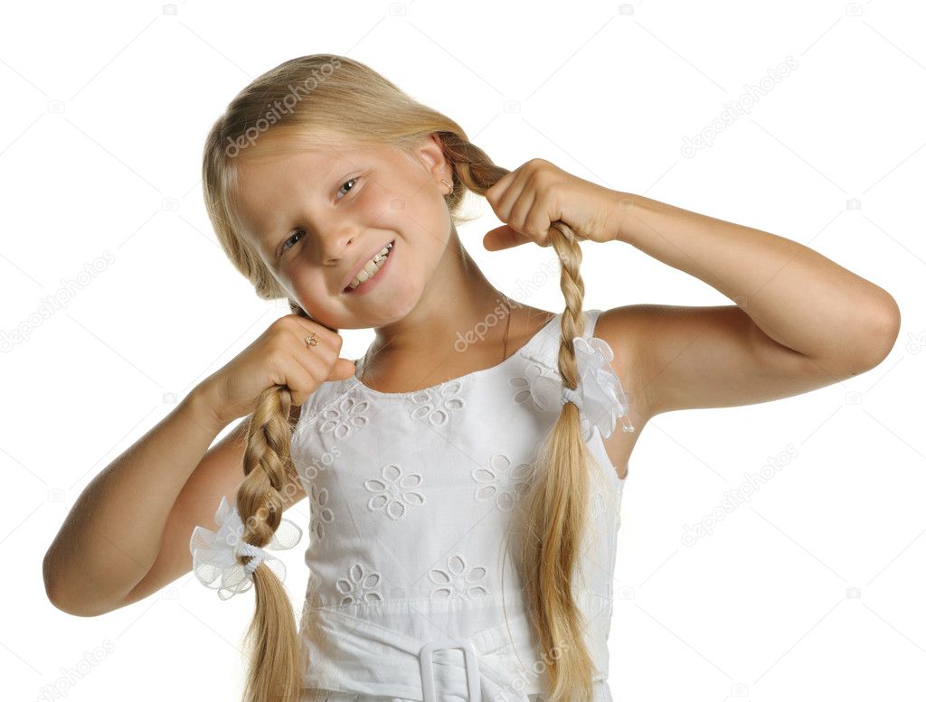 The pretty girl the blonde holding itself for braid