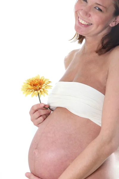 Glad Gravid Kvinna Från Sidan Sköt Med Blomma Handen — Stockfoto