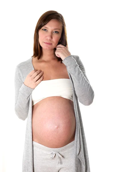 Stående Gravid Kvinna Tittar Fundersamt Kameran Rond — Stockfoto