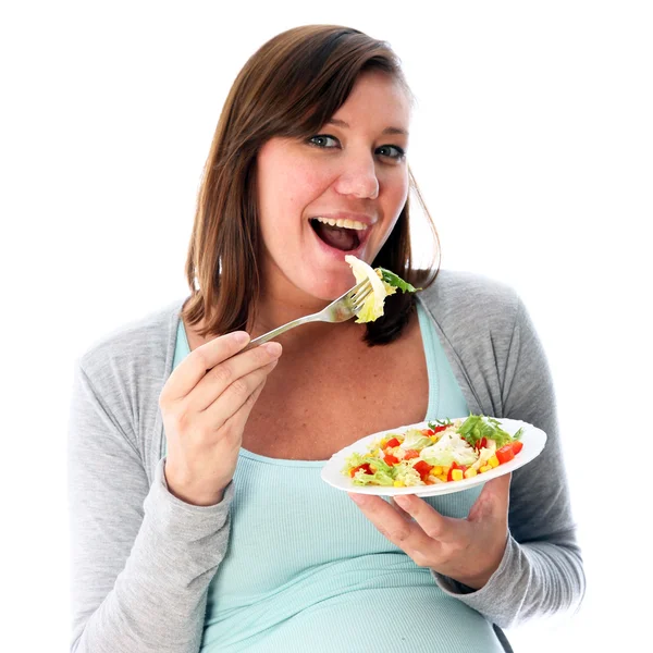 Mujer Joven Comiendo Ensalada Deliciosa Sonríe Lleva Cabo Tenedor Boca —  Fotos de Stock