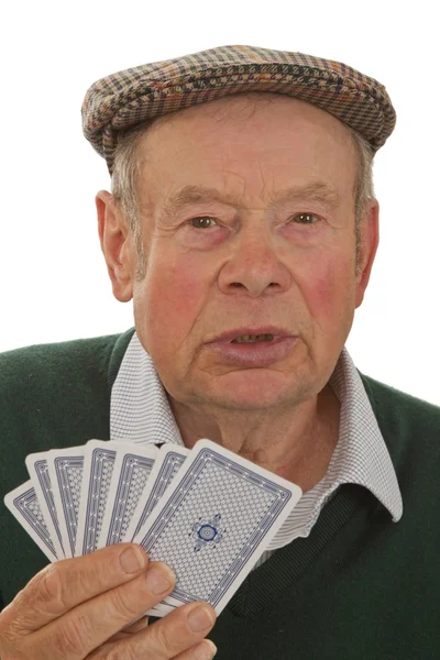 Senior s hrací karty — Stock fotografie