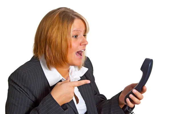 Mujer Negocios Enojado Teléfono Aislado Fondo Blanco — Foto de Stock