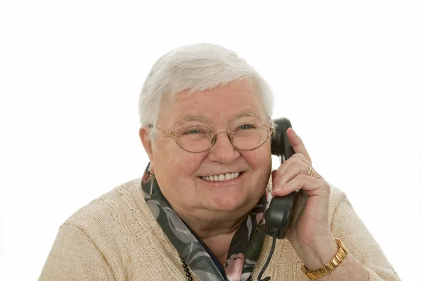 Äldre Kvinnlig Kvinna Med Telphone Isolerad Vit Bakgrund — Stockfoto