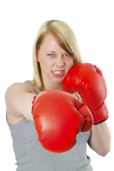 Ung Kvinna Med Röda Boxningshandskar Isolerad Vit — Stockfoto