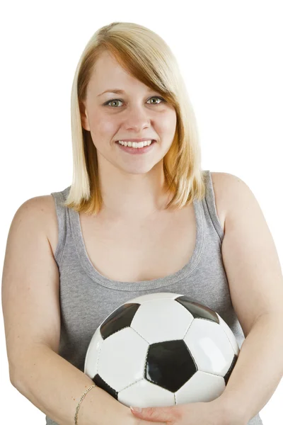 Genç Kadın Wiith Futbol Topu Üzerinde Beyaz Izole — Stok fotoğraf
